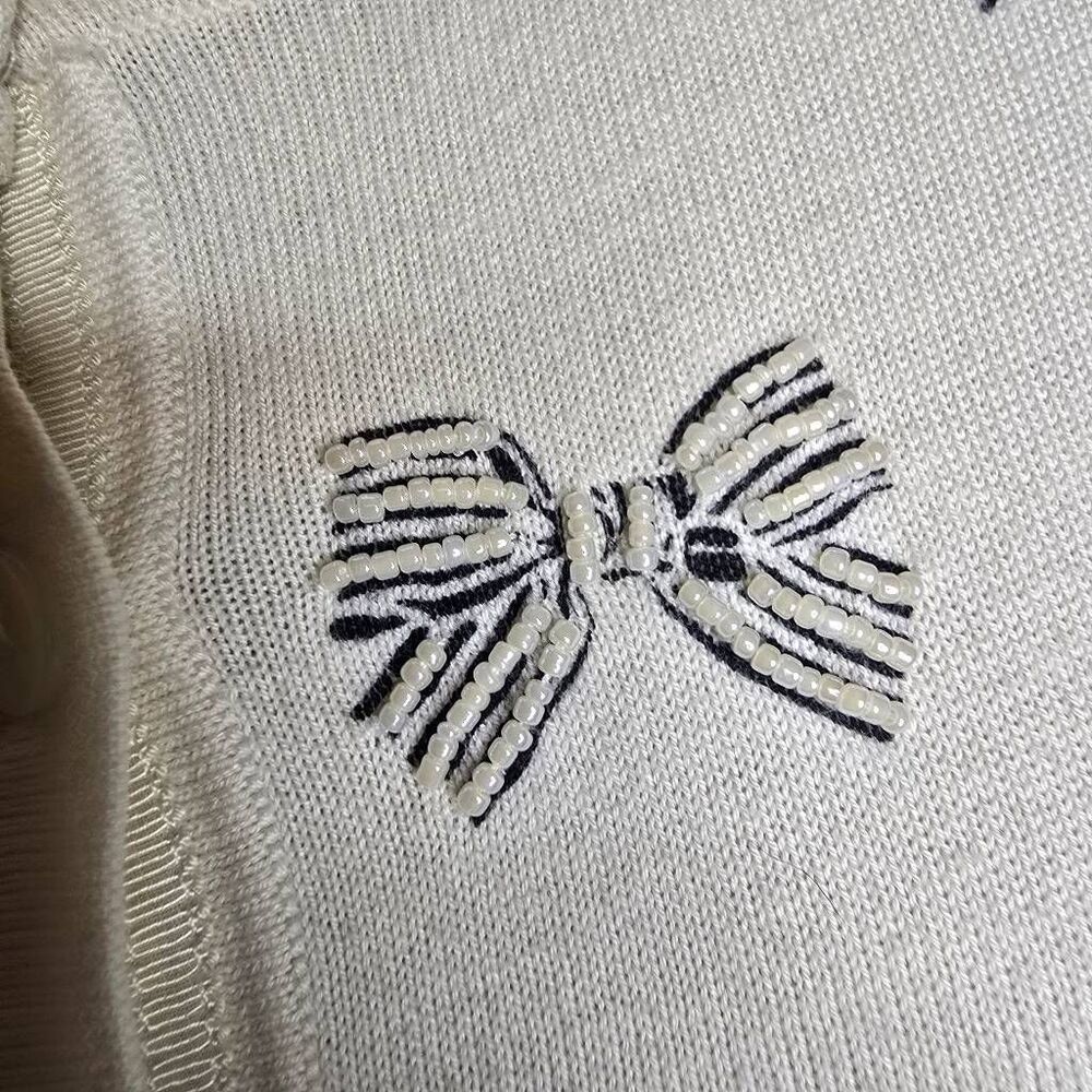 Talbots Cardigan Beaded Bow Print Embellished 3/4 Sleeve Cream Small - Picture 5 of 11